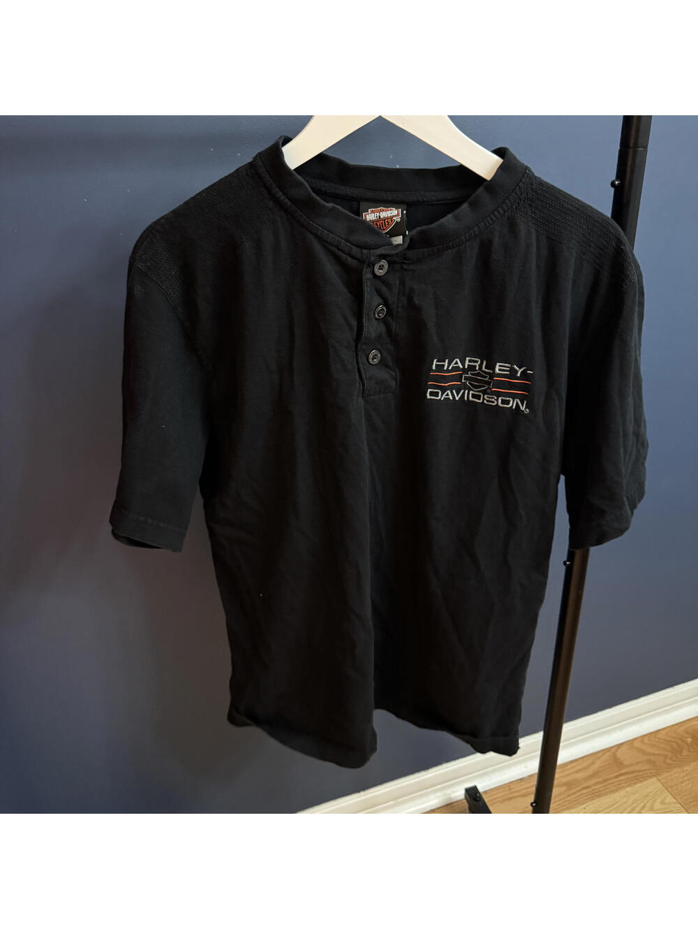Harley Davidson Henley Shirt Black Short Sleeve Cotton Mens Medium - Picture 3 of 7